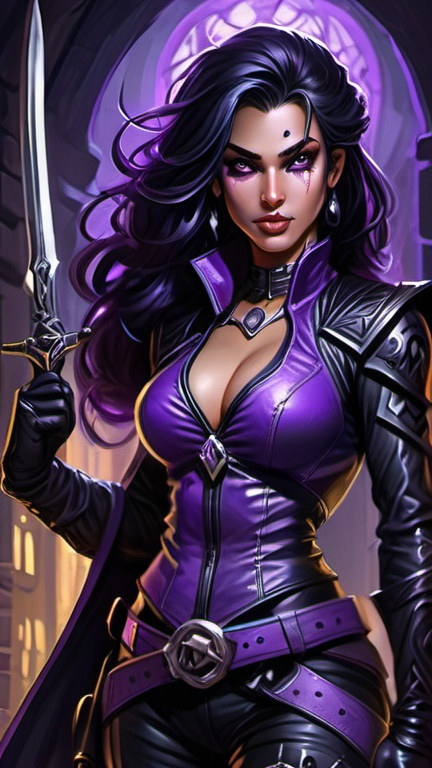 Prompt: Detailed DnD fantasy art of a pretty heroic female dnd Rogue, Amita Suman facial twin, bonnie facial traits, darkbrown eyes, thick long tousled black hair, traditional detailed oil painting, intricate small black in purple leather armor,  detailed black in purple belts, dramatic lighting, dark vibrant colors, high quality, game-rpg style, epic high fantasy, traditional art, detailed black leather armor, dramatic dark lighting, heroic rogue, fascinating, high quality details, Dagger, murky urban arabic background