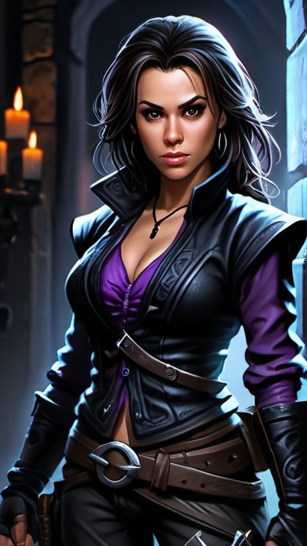 Prompt: Alyssa Milano, Detailed DnD fantasy art of a young pretty heroic female dnd Halfling Assassin, facial twin of Alyssa Milano, bonnie facial traits, many thick long tousled dark brown hair, traditional detailed painting, intricate small black leather vest, purple chemise, detailed black belts, murky lighting, dark vibrant colors, high quality, game-rpg style, epic high fantasy, traditional art, detailed black fabric armor, dramatic gloomy lighting, heroic Assassin, fascinating, dark vibrant colors, high quality details, high quality detailed murky medivial urban background,