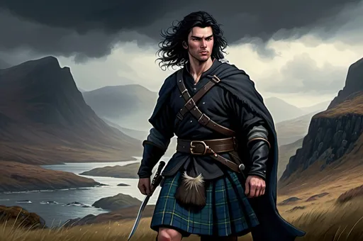 Prompt: Background in dramatic Scottish Highlands, dark vibrant colors, high quality, game-rpg style, epic high fantasy, traditional art, dramatic dark lighting, heroic fighter, fascinating, high quality details, atmospheric lighting, highres, fantasy,  immersive, murky tones, medieval, mysterious, foggy, moody atmosphere, broken Scottish Flag in the background, Duncan Lacroix, Kilt, Detailed DnD fantasy art of a heroic male fighter in the landscape, black eyes, thick long tousled black hair, traditional detailed oil painting, low body fat, intricate detailed typical Scottish mens clothes, detailed black belts