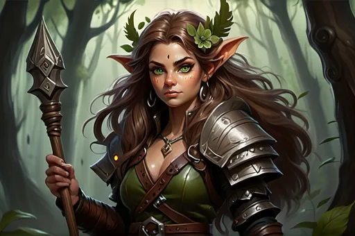 Prompt: Detailed DnD fantasy art of a pretty heroic female wood gnome druid, Aishwarya Rai facial twin, cute facial traits, green eyes, thick long tousled syringa hair, little cleavage, traditional detailed oil painting, intricate small brown leather armor, detailed black belts, dramatic lighting, dark vibrant colors, high quality, game-rpg style, epic high fantasy, traditional art, detailed brown leather armor, dramatic dark lighting, heroic druid, fascinating, high quality details, wandering staff in the hand, in a murky forest background in a DnD fantasy landscape with detailed plants and trees, atmospheric lighting, highres, fantasy,  immersive, murky tones, medieval, mysterious, foggy, moody atmosphere, little birds flying around, dragonflies and butterflies flying around