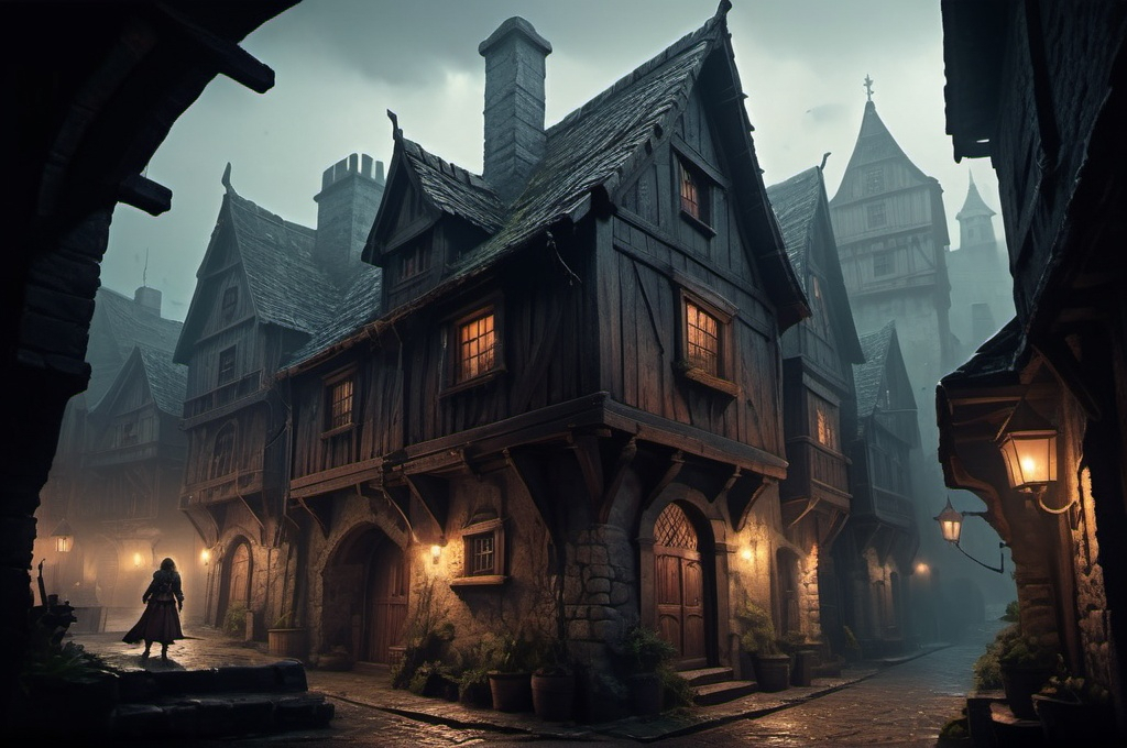 Prompt: Huge very detailed DnD fantasy landscape with a murky city, detailed houses and taverns, atmospheric lighting, highresolution, dark fantasy, detailed architecture, immersive, murky tones, medieval, mysterious, foggy, bustling city, detailed alleys, ancient buildings, moody atmosphere, a dnd female Dnd Rogue lungering around a house corner with a dagger in her hand