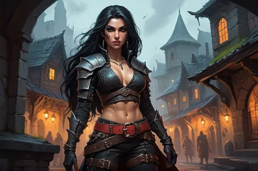 Prompt: Amita Suman, Detailed DnD fantasy art of a pretty heroic female dnd Rogue, thick long tousled black hair, slim ripped and wiry body, traditional detailed painting, detailed intricate bellyfree black assassin armor, detailed black belts, dramatic lighting, vibrant colors, high quality, game-rpg style, epic high fantasy, traditional art, dramatic dark lighting, heroic rogue, fascinating, vibrant colors, high quality details, Dagger in the hand in a Huge very detailed DnD fantasy landscape with a murky city, detailed houses and taverns, atmospheric lighting, highres, fantasy, detailed architecture, immersive, murky tones, medieval, mysterious, foggy, bustling city, detailed alleys, ancient buildings, moody atmosphere