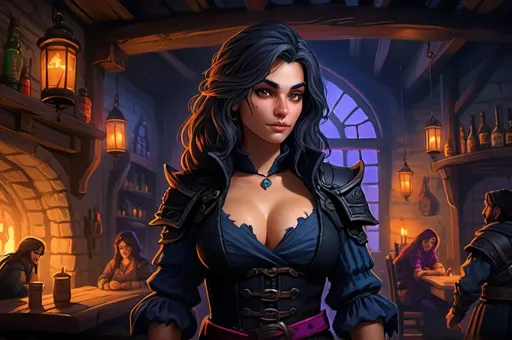 Prompt: A Huge very detailed DnD fantasy tavern with a murky ambiente, atmospheric lighting, highres, fantasy, detailed architecture, immersive, murky tones, medieval, mysterious, foggy, gloomy moody atmosphere, variant habitans in the tavern background, Facial twin of a young Anya Chalotra, Detailed DnD fantasy art of a pretty heroic female dnd rogue, immensive thick long tousled darkbrown with black wisps hair, slim ripped and wiry upper body, slim eight-pack belly, traditional detailed painting, detailed intricate bellyfree black pirate clothes, frock-jacket, with showing a strong eight-pack, detailed black belts, dramatic lighting, vibrant colors, high quality, game-rpg style, epic high fantasy, traditional art, dramatic dark lighting, heroic rogue, fascinating, dark gloomy vibrant colors, high quality details, Dagger in the hand, small shoulder armor, small bracers, all clothes and armours in dull black an lila