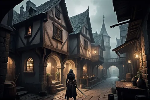 Prompt: Huge very detailed DnD fantasy landscape with a murky city, detailed houses and taverns, atmospheric lighting, highresolution, dark fantasy, detailed architecture, immersive, murky tones, medieval, mysterious, foggy, bustling city, detailed alleys, ancient buildings, moody atmosphere, a dnd female Dnd Assassin lungering around a house corner with a dagger in her hand