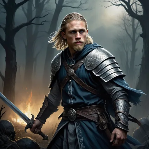 Prompt: Charlie Hunnam, detailed DnD fantasy art of a heroic human fighter, blue eyes, thick long tousled blonde hair, undercut, traditional detailed oil painting, intricate detailed full chainmail,  detailed longsword in the hand, detailed black belts, Landscape with dramatic lighting, dark vibrant colors, high quality, game-rpg style, epic high fantasy, traditional art, dramatic dark lighting, heroic cleric, fascinating, high quality details, in a murky battlefield background surrounded by undeads, atmospheric lighting, highres, fantasy,  immersive, murky tones, medieval, mysterious, foggy, moody atmosphere, undead walking around 