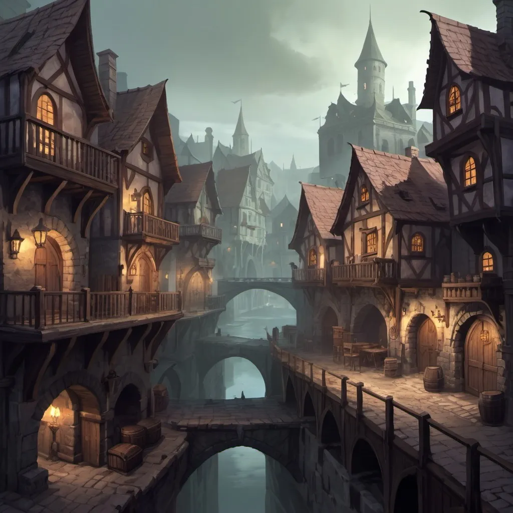 Prompt: DnD Fantasy landscape. City, Murky, Houses, Taverns