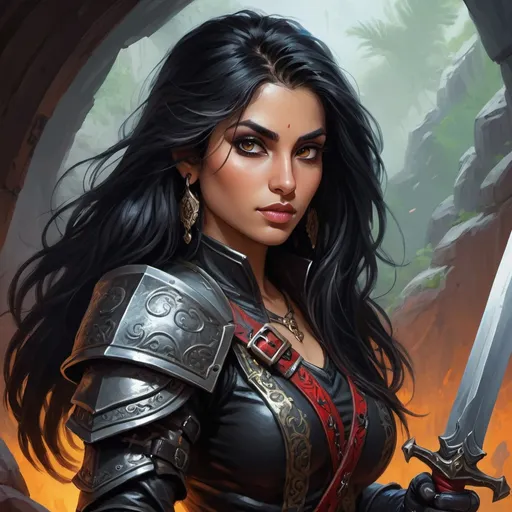 Prompt: Amita Suman, Detailed DnD fantasy art of a pretty heroic female dnd Rogue, lovely facial traits, thick long tousled black hair, traditional detailed painting, intricate small black leather armor,  detailed black belts, dramatic lighting, vibrant colors, high quality, game-rpg style, epic high fantasy, traditional art, detailed black leather armor, dramatic dark lighting, heroic rogue, fascinating, vibrant colors, high quality details, Dagger