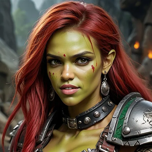 Prompt: Jessica Alba as female Orc, Detailed DnD fantasy art of a heroic female half orc barbarian, lovely facial traits, green skin, red hair, detailed visible boar teeth at the mouth, detailed visible tusks at the mouth, traditional detailed painting, intricate small black leather armor, detailed black belts, dramatic lighting, vibrant colors, high quality, game-rpg style, epic fantasy, traditional art, detailed dark leather armor, dramatic lighting, heroic barbarian, fascinating dry muscles, large biceps, strong underarms, low body fat, vibrant colors, high quality details, impressive warhammer in the hand