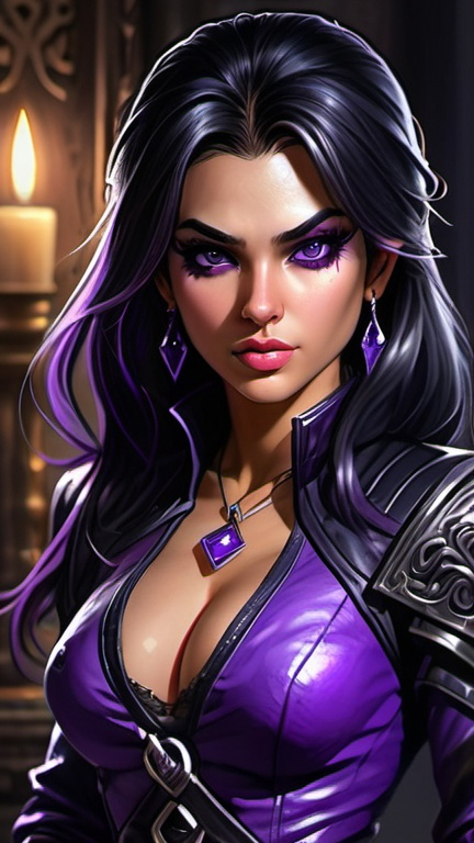 Prompt: Detailed DnD fantasy art of a pretty heroic female dnd Rogue, Amita Suman facial twin, bonnie facial traits, darkbrown eyes, thick long tousled black hair, traditional detailed oil painting, intricate small black in purple leather armor,  detailed black in purple belts, dramatic lighting, dark vibrant colors, high quality, game-rpg style, epic high fantasy, traditional art, detailed black leather armor, dramatic dark lighting, heroic rogue, fascinating, high quality details, Dagger, murky urban arabic background