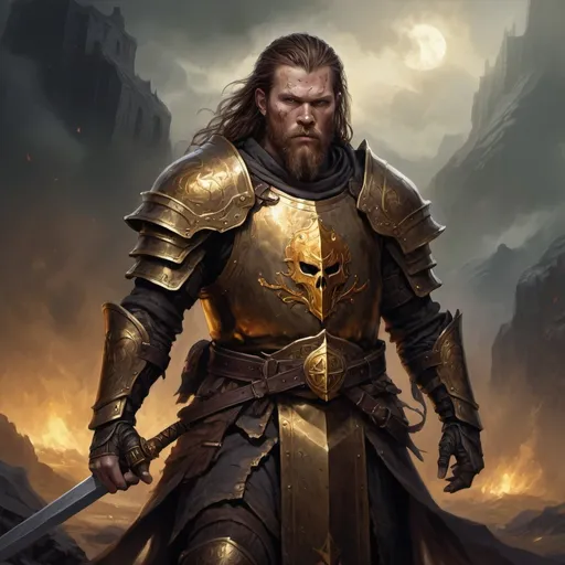 Prompt: Ryan Hurst, detailed DnD fantasy art of a heroic human paladin, brown eyes, thick long tousled darkbrown hair, traditional detailed oil painting, intricate detailed golden full plate mail, golden shield with Tyr symbol, detailed burning longsword in the hand, detailed black belts, Landscape with dramatic lighting, dark vibrant colors, high quality, game-rpg style, epic high fantasy, traditional art, dramatic dark lighting, heroic cleric, fascinating, high quality details, in a murky battlefield background surrounded by undeads, atmospheric lighting, highres, fantasy,  immersive, murky tones, medieval, mysterious, foggy, moody atmosphere, undead walking around 