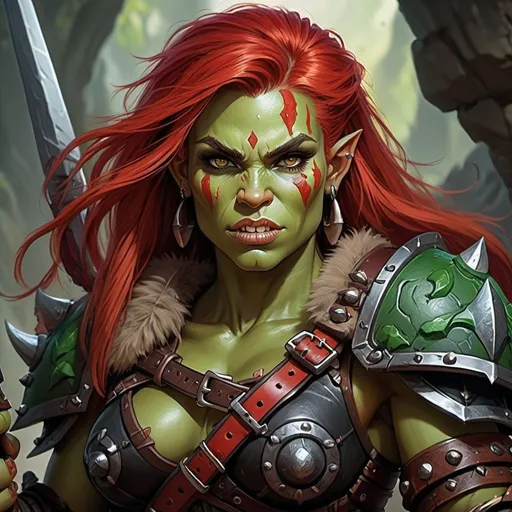 Prompt: Detailed DnD fantasy art of a cute heroic female dnd half orc barbarian, green skin, red hair, boar, teeth, detailed visible tusks, traditional detailed painting, intricate small black leather armor, detailed black belts, dramatic lighting, vibrant colors, high quality, game-rpg style, epic fantasy, traditional art, detailed dark leather armor, dramatic lighting, heroic barbarian, fascinating dry muscles, large biceps, strong underarms, low body fat, vibrant colors, high quality details, impressive warhammer in the hand