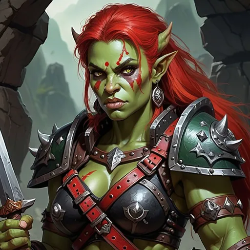 Prompt: Detailed DnD fantasy art of a cute pretty heroic female dnd half orc barbarian, green skin, red hair, boar, teeth, detailed visible tusks, traditional detailed painting, intricate small black leather armor, detailed black belts, dramatic lighting, vibrant colors, high quality, game-rpg style, epic fantasy, traditional art, detailed dark leather armor, dramatic lighting, heroic barbarian, fascinating dry muscles, large biceps, strong underarms, low body fat, vibrant colors, high quality details, impressive warhammer in the hand