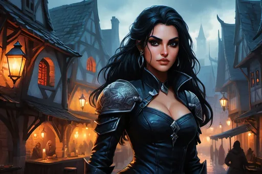 Prompt: Amita Sumanas facial twin, Detailed DnD fantasy art of a pretty heroic female dnd Rogue takes 15% of the picture, lovely facial traits, thick long tousled black hair, traditional detailed painting, intricate black leather armor,  detailed black belts, dramatic lighting, vibrant colors, high quality, game-rpg style, epic high fantasy, traditional art, detailed black leather armor, dramatic dark lighting, heroic rogue, fascinating, vibrant colors, high quality details, Dagger in the hand in a Huge very detailed DnD fantasy landscape with a murky city, detailed houses and taverns, atmospheric lighting, highres, fantasy, detailed architecture, immersive, murky tones, medieval, mysterious, foggy, bustling city, detailed alleys, ancient buildings, moody atmosphere
