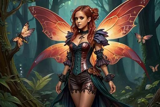 Prompt: Jessica Alba, Detailed, full body high-quality painting of a Dnd fairy, intricate dragonflywings with dark shimmering colors, cute facial traits, red hair, detailed victorian steampunk outfit, magical forest setting, ethereal darkglowing aura, whimsical and enchanting, fantasy, fantastical, dark vibrant colors, gloomy and warm lighting