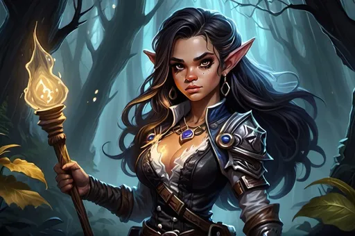 Prompt: Detailed DnD fantasy art of a pretty heroic female dnd Wood gnome druid, Jenna Ortega facial twin, bonnie facial traits, black eyes, thick long tousled brown hair, little cleavage, traditional detailed oil painting, intricate small brown leather armor, detailed black belts, dramatic lighting, dark vibrant colors, high quality, game-rpg style, epic high fantasy, traditional art, detailed brown leather armor, dramatic dark lighting, heroic rogue, fascinating, high quality details, wandering staff in the hand, in a murky forest background in a DnD fantasy landscape with detailed plants and trees, atmospheric lighting, highres, fantasy,  immersive, murky tones, medieval, mysterious, foggy, moody atmosphere