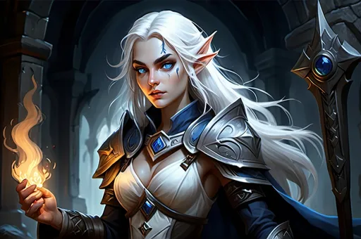 Prompt: Detailed DnD fantasy art of a pretty heroic female elven Selune cleric  cute facial traits, blue eyes, thick long tousled white hair, little cleavage, traditional detailed oil painting, intricate detailed small darkblue plate mail, darkblue-silver shield with Selune symbol, detailed black belts, dramatic lighting, dark vibrant colors, high quality, game-rpg style, epic high fantasy, traditional art, dramatic dark lighting, heroic cleric, fascinating, high quality details, battlehammer in the hand, in a murky battlefield background surrounded by undeads, atmospheric lighting, highres, fantasy,  immersive, murky tones, medieval, mysterious, foggy, moody atmosphere, undead walking around