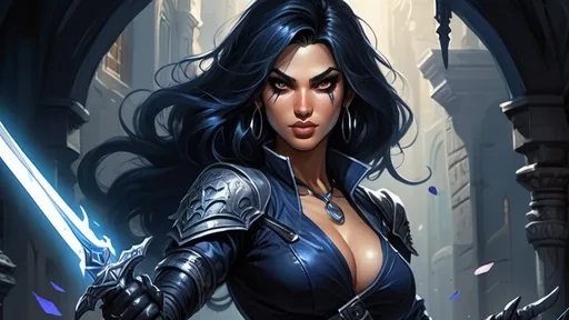 Prompt: Detailed DnD fantasy art of a pretty heroic female dnd Rogue, Amita Suman facial twin, bonnie facial traits, Amita Suman body twin, black eyes, thick long tousled black hair, little cleavage, traditional detailed oil painting, intricate small darkblue in black leather armor,  detailed black belts, dramatic lighting, dark vibrant colors, high quality, game-rpg style, epic high fantasy, traditional art, detailed black leather armor, dramatic dark lighting, heroic rogue, fascinating, high quality details, Rapier in the hand, murky urban arabic background