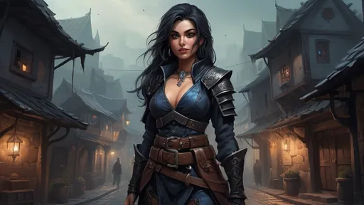 Prompt: DnD fantasy landscape with a murky city, detailed houses and taverns, atmospheric lighting, highres, fantasy, detailed architecture, immersive, murky tones, medieval, mysterious, foggy, bustling city, detailed alleys, ancient buildings, moody atmosphere, with a Detailed DnD fantasy art of a pretty heroic female dnd Rogue, Amita Suman facial twin, bonnie facial traits, Amita Suman body twin, black eyes, thick long tousled black hair, little cleavage, traditional detailed oil painting, intricate small darkblue in black leather armor,  detailed black belts, dramatic lighting, dark vibrant colors, high quality, game-rpg style, epic high fantasy, traditional art, detailed black leather armor, dramatic dark lighting, heroic rogue, fascinating, high quality details, Rapier in the hand, murky urban arabic background