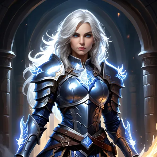 Prompt: Pike Trickfoot, D&D Fantasy illustration of a female cleric in darkblue full plate armor, overhelming and stunning beautiful and cute facial traits, full body, immensive thick tousled white hair, radiant glowing eyes, mystical holy symbols engraved on armor, ethereal glow surrounding her, high quality, detailed armor, fantasy, radiant, grey eyes, white hair, mystical, ethereal, full plate armor, female cleric, detailed, radiant glow, enchanted, professional lighting