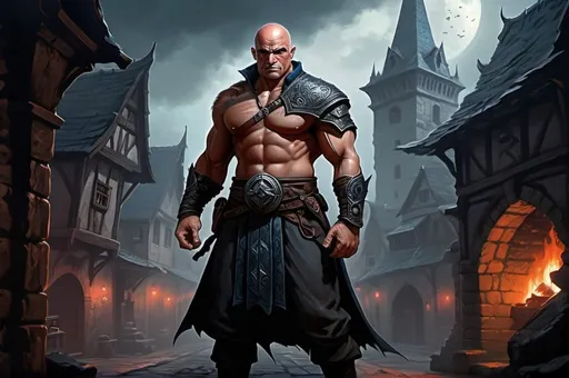 Prompt: Bas Rutten, Detailed DnD fantasy art of a heroic dnd fighter, black eyes, overhelming charismatic, slim ripped and muscular body, slender and withy body, traditional detailed painting, detailed intricate black fantasy full plate mail, dramatic lighting, vibrant colors, high quality, game-rpg style, epic high fantasy, traditional art, dramatic dark lighting, fascinating, dark gloomy vibrant colors, high quality details, small shoulder armor, small bracers, all clothes and armours in dull black, a karambit in the right hand, in a huge very detailed DnD fantasy city landscape with a murky ambiente, atmospheric lighting, highres, detailed architecture, medieval buildings, ancient streets, immersive, murky tones, medieval, mysterious, foggy, gloomy moody atmosphere, various habitans in the city background