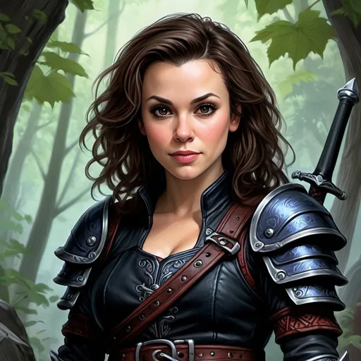 Prompt: Alyssa Milano, Detailed DnD fantasy art of a pretty heroic female dnd Halfling Rogue, beautiful facial traits, dark thick long brown hair,  traditional detailed painting, intricate small black leather armor,  detailed black belts, dramatic lighting, vibrant colors, high quality, game-rpg style, epic high fantasy, traditional art, detailed black leather armor, dramatic dark lighting, heroic rogue, fascinating, vibrant colors, high quality details, Rapier