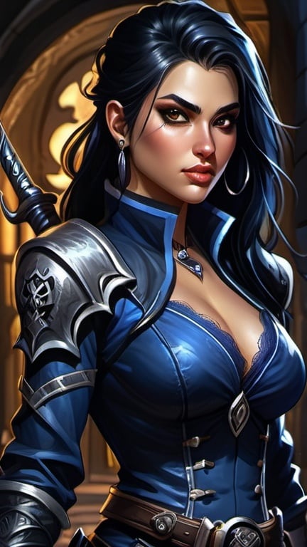 Prompt: Detailed DnD fantasy art of a pretty heroic female dnd Rogue, Amita Suman facial twin, bonnie facial traits, darkbrown eyes, thick long tousled black hair, little cleavage, traditional detailed oil painting, intricate small black in midnightblue leather armor,  detailed black in midnightblue belts, dramatic lighting, dark vibrant colors, high quality, game-rpg style, epic high fantasy, traditional art, detailed black leather armor, dramatic dark lighting, heroic rogue, fascinating, high quality details, Rapier in the hand, murky urban arabic background