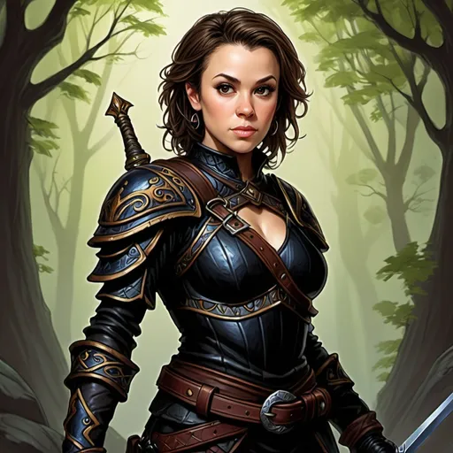 Prompt: Alyssa Milano, Detailed DnD fantasy art of a pretty heroic female dnd Halfling Rogue, beautiful facial traits, dark brown hair,  traditional detailed painting, intricate small black leather armor,  detailed black belts, dramatic lighting, vibrant colors, high quality, game-rpg style, epic high fantasy, traditional art, detailed black leather armor, dramatic dark lighting, heroic rogue, fascinating, vibrant colors, high quality details, Rapier