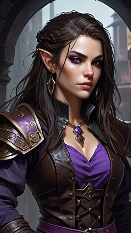 Prompt: Detailed DnD fantasy art of a young pretty heroic female dnd Fey'ri Warlock, bonnie facial traits, many thick long tousled dark brown hair, traditional detailed painting, intricate small black leather vest, purple chemise, detailed black belts, murky lighting, dark vibrant colors, high quality, game-rpg style, epic high fantasy, traditional art, detailed black fabric armor, dramatic gloomy lighting, heroic Assassin, fascinating, dark vibrant colors, high quality details, high quality detailed murky medivial urban background,