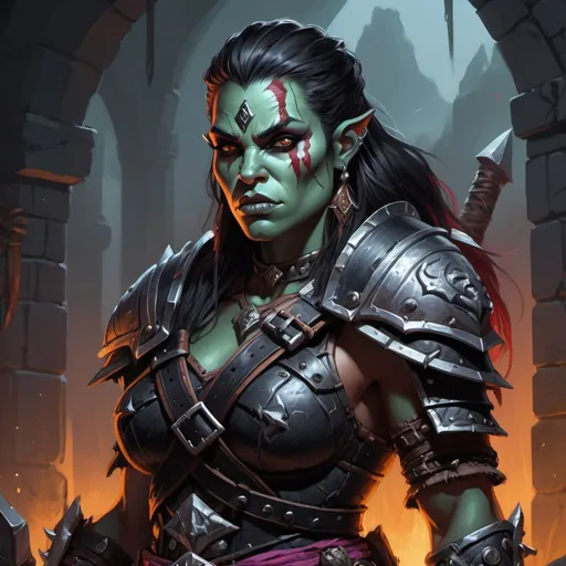 Prompt: Detailed DnD fantasy art of a heroic female dnd half orc barbarian, traditional detailed painting,  intricate black leather armor, detailed black in black belts, dramatic lighting, vibrant colors, high quality, game-rpg style, epic fantasy, traditional art,  detailed dark leather armor, dramatic lighting, heroic barbarian, vibrant colors, high quality details, 