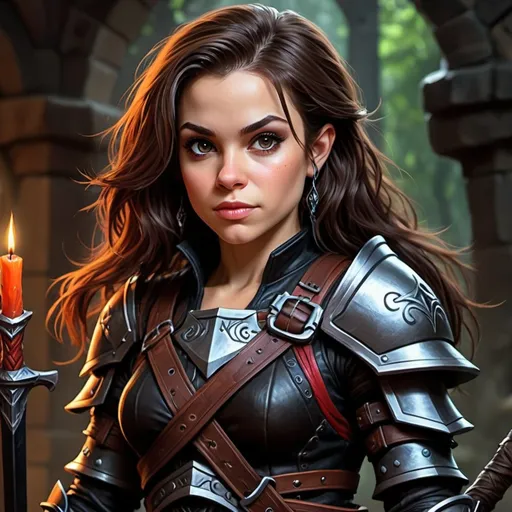 Prompt: Alyssa Milano, Detailed DnD fantasy art of a pretty heroic female dnd Halfling Rogue, lovely facial traits, thick long tousled dark brown hair,  traditional detailed painting, intricate small black leather armor,  detailed black belts, dramatic lighting, vibrant colors, high quality, game-rpg style, epic high fantasy, traditional art, detailed black leather armor, dramatic dark lighting, heroic rogue, fascinating, vibrant colors, high quality details, Rapier