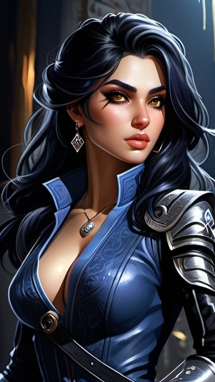 Prompt: Detailed DnD fantasy art of a pretty heroic female dnd Rogue, Amita Suman facial twin, bonnie facial traits, darkbrown eyes, thick long tousled black hair, small cleavage, traditional detailed oil painting, intricate small black in midnightblue leather armor,  detailed black in midnightblue belts, dramatic lighting, dark vibrant colors, high quality, game-rpg style, epic high fantasy, traditional art, detailed black leather armor, dramatic dark lighting, heroic rogue, fascinating, high quality details, Rapier in the hand, murky urban arabic background