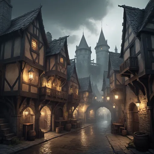 Prompt: DnD fantasy landscape with a murky city, detailed houses and taverns, atmospheric lighting, highres, fantasy, detailed architecture, immersive, murky tones, medieval, mysterious, foggy, bustling city, detailed alleys, ancient buildings, moody atmosphere