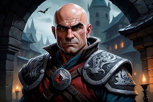 Prompt: Bas Rutten, Detailed DnD fantasy art of a heroic dnd fighter, black eyes, scar at the cheek, overhelming charismatic, slim ripped and muscular body, slender and withy body, traditional detailed painting, detailed intricate black fantasy plate mail, dramatic lighting, vibrant colors, high quality, game-rpg style, epic high fantasy, traditional art, dramatic dark lighting, fascinating, dark gloomy vibrant colors, high quality details, small shoulder armor, small bracers, all clothes and armours in dull black, a karambit in the right hand, in a huge very detailed DnD fantasy city landscape with a murky ambiente, atmospheric lighting, highres, detailed architecture, medieval buildings, ancient streets, immersive, murky tones, medieval, mysterious, foggy, gloomy moody atmosphere, various habitans in the city background