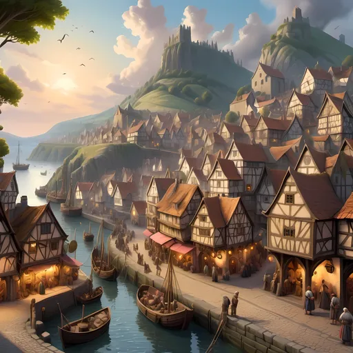 Prompt: Medieval fantasy landscape with bustling village, detailed architecture and cobblestone streets, lively townsfolk in period clothing, merchant ships docked, majestic castle on a hill, mystical fantasy lighting, high quality, detailed medieval architecture, bustling harbor, lively townsfolk, fantasy landscape, mystical lighting