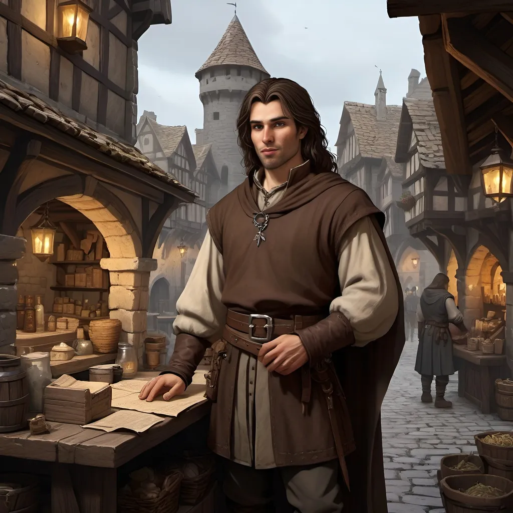 Prompt: Detailed DND merchant in medieval city landscape, darkbrown hair, rugged clothes, behind a sales table, many items on the table, murky lighting, medieval streets, medieval buildings, many inhabitants in background, high quality, detailed, medieval, fantasy, detailed hair, traditional, atmospheric lighting, detailed scenery