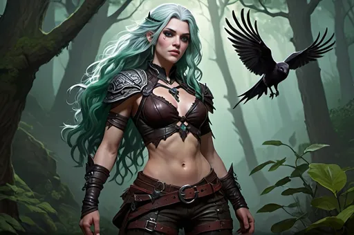 Prompt: Alissa White-Gluz, Detailed highres DnD fantasy art of a heroic female ranger with bonnie facial traits, immensive thick long exuberant tousled iceblue hair, extraordinary gorgeous bonnie and precious facial traits, black eyes, black eyeliner, visible six-pack belly, detailed intricate bellyfree huge darkbrown in darkgreen fantasy leather armour, visible six-pack belly, slender and muscular body, visible black leather trousers, small shoulder armor, small bracers, small cleavage, traditional detailed painting, dramatic lighting, vibrant colors, high quality, game-rpg style, epic high fantasy, traditional art, dramatic dark lighting, fascinating, dark gloomy vibrant colors, high quality details, dramatic lighting, vibrant colors, high quality, game-rpg style, epic fantasy, traditional art, dramatic lighting, fascinating, low body fat, vibrant colors, high quality details, dark gloomy, high quality details, in a very detailed DnD forest landscape with detailed trees and detailed bushes, in the background birds and butterflies are flying around, a murky ambiente, atmospheric lighting, highres, fantasy, immersive, murky tones, mysterious