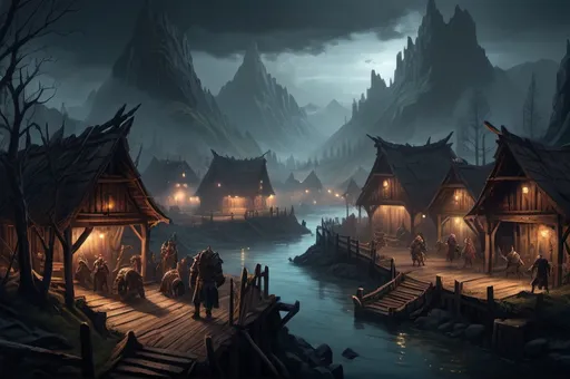 Prompt: Huge Faerun Wooden Landscape with dramatic lighting, human village, rivers, Dnd monsters who fight against adventurers, dark vibrant colors, high quality, game-rpg style, epic high fantasy, traditional art, dramatic dark lighting, fascinating, high quality details, in a murky background, atmospheric lighting, highres, fantasy,  immersive, murky tones, mysterious, foggy, moody atmosphere, orcs are doing raid