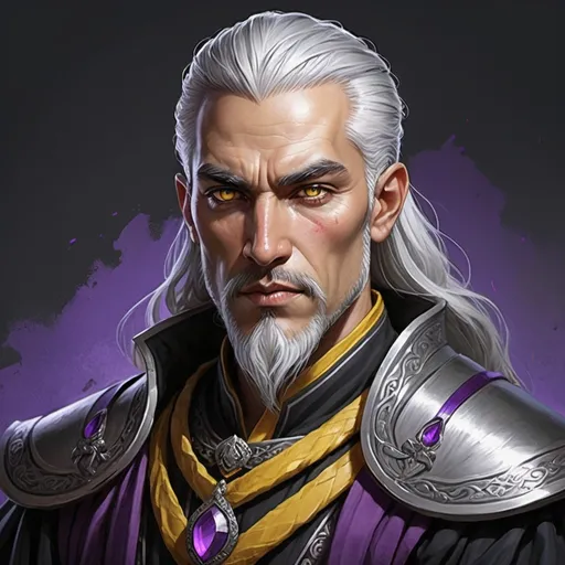 Prompt: Detailed DnD fantasy art of a heroic male dnd yuan-ti pureblood cleric, traditional detailed painting,  white in grey hair, short beard, intricate black in Black gown silver stripes, purple ornaments, detailed black belts, dramatic lighting, vibrant colors, high quality, game-rpg style, epic fantasy, traditional art,, dramatic lighting, heroic cleric, vibrant colors, high quality details, detailed yellow snake eyes, splitted tongue, Arabic ancestry