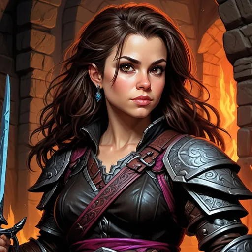 Prompt: Alyssa Milano, Detailed DnD fantasy art of a pretty heroic female dnd Halfling Rogue, lovely facial traits, thick long tousled dark brown hair,  traditional detailed painting, intricate small black leather armor,  detailed black belts, dramatic lighting, vibrant colors, high quality, game-rpg style, epic high fantasy, traditional art, detailed black leather armor, dramatic dark lighting, heroic rogue, fascinating, vibrant colors, high quality details, Rapier