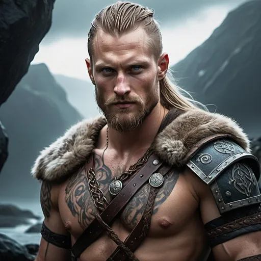 Prompt: Detailed DnD fantasy art of a male Viking, Alexander Skarsgard facial twin but with many nordic facial tattoos, many nordic tattoos in the face, dark colour in the face, Viking undercut hairstyle, long full-bearded, very huge muscles, low body fat, traditional detailed painting, oil painting, detailed black belts, murky lighting, dark vibrant colors, high quality, game-rpg style, epic high fantasy, traditional art,  dramatic gloomy lighting, heroic Viking, fascinating, dark vibrant colors, high quality details, clothes with intricate nordic details, high quality detailed stormy and dramatic atmosphere, Nordic runes, moody lighting