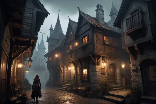 Prompt: Huge very detailed DnD fantasy landscape with a murky city, detailed houses and taverns, atmospheric lighting, highres, fantasy, detailed architecture, immersive, murky tones, medieval, mysterious, foggy, bustling city, detailed alleys, ancient buildings, moody atmosphere, a dnd female Dnd Rogue lungering around a house corner with a dagger in her hand