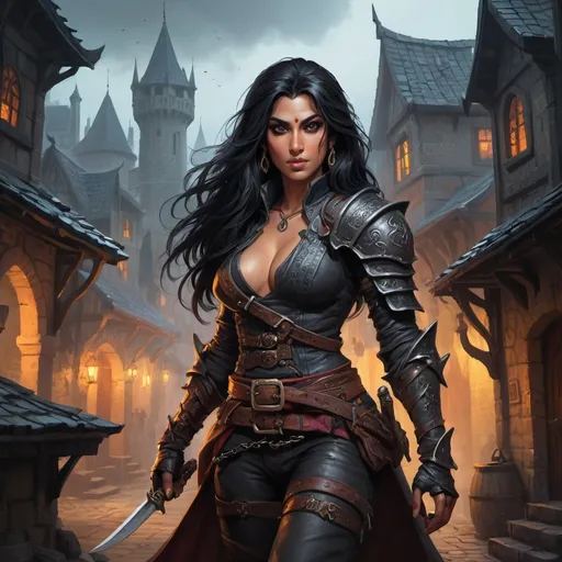 Prompt: Amita Suman, Detailed DnD fantasy art of a pretty heroic female dnd Rogue, thick long tousled black hair, slim ripped and wiry body, traditional detailed painting, detailed intricate bellyfree black assassin armor, detailed black belts, dramatic lighting, vibrant colors, high quality, game-rpg style, epic high fantasy, traditional art, dramatic dark lighting, heroic rogue, fascinating, vibrant colors, high quality details, Dagger in the hand in a Huge very detailed DnD fantasy landscape with a murky city, detailed houses and taverns, atmospheric lighting, highres, fantasy, detailed architecture, immersive, murky tones, medieval, mysterious, foggy, bustling city, detailed alleys, ancient buildings, moody atmosphere