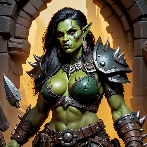 Prompt: Detailed DnD fantasy art of a heroic female dnd half orc barbarian, green skin, detailed tusks, traditional detailed painting,  intricate small black leather armor, detailed black belts, dramatic lighting, vibrant colors, high quality, game-rpg style, epic fantasy, traditional art,  detailed dark leather armor, dramatic lighting, heroic barbarian, fascinating dry muscles, large biceps, strong underarms, low body fat, vibrant colors, high quality details, impressive warhammer in the hand