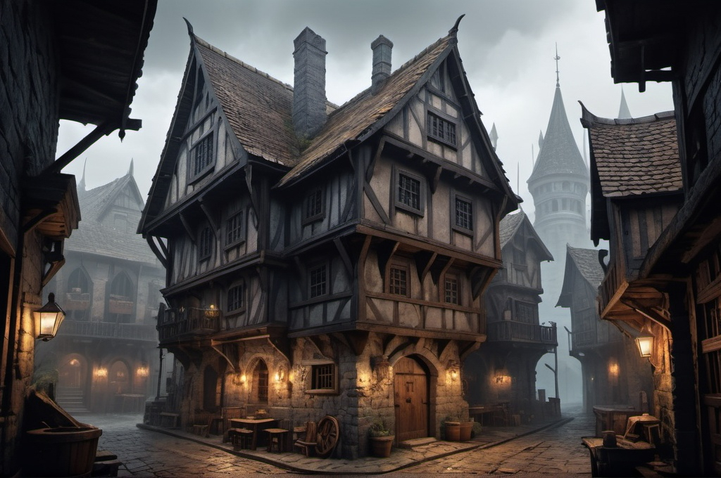 Prompt: Huge very detailed DnD fantasy landscape with a gloomy murky city, detailed houses and taverns, dark atmospheric lighting, highresolution, dark fantasy, detailed architecture, immersive, murky tones, dark medieval, mysterious, foggy, bustling city, detailed alleys, ancient buildings, moody atmosphere, a dnd female Dnd Rogue lungering around a house corner with a dagger in her hand