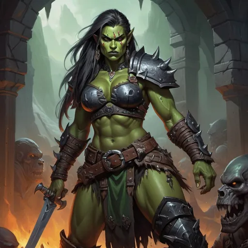 Prompt: Detailed DnD fantasy art of a heroic female dnd half orc barbarian, green skin, proud canine teeth, traditional detailed painting,  intricate small black leather armor, detailed black belts, dramatic lighting, vibrant colors, high quality, game-rpg style, epic fantasy, traditional art,  detailed dark leather armor, dramatic lighting, heroic barbarian, fascinating dry muscles, large biceps, srong underamrs, low body fat, vibrant colors, high quality details, impressive warhammer