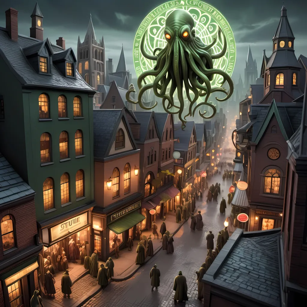 Prompt: 1920's cthulhu cityscape with bustling city, aerialview, detailed variant architecture and cobblestone streets, lively variant townsfolk in period variant clothing, mystical fantasy lighting, high quality, detailed variant medieval architecture, lively townsfolk, fantasy landscape, mystical lighting