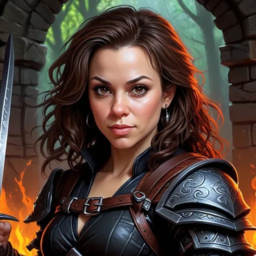 Prompt: Alyssa Milano, Detailed DnD fantasy art of a pretty heroic female dnd Halfling Rogue, beautiful facial traits, thick long dark brown hair,  traditional detailed painting, intricate small black leather armor,  detailed black belts, dramatic lighting, vibrant colors, high quality, game-rpg style, epic high fantasy, traditional art, detailed black leather armor, dramatic dark lighting, heroic rogue, fascinating, vibrant colors, high quality details, Rapier