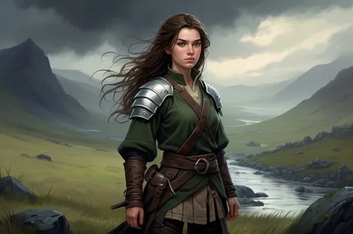 Prompt: Background in dramatic Scottish scenery, dark vibrant colors, high quality, game-rpg style, epic high fantasy, traditional art, dramatic dark lighting, heroic fighter, fascinating, high quality details, atmospheric lighting, highres, fantasy,  immersive, murky tones, medieval, mysterious, foggy, moody atmosphere, Young Kelly McDonald, Detailed DnD fantasy art of a cute heroic female fighter in the landscape, green eyes, thick long tousled darkbrown hair, traditional detailed oil painting, low body fat, intricate detailed typical Scottish mens clothes, detailed black belts