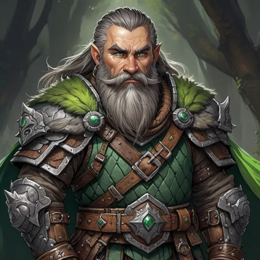 Prompt: Detailed DnD fantasy art of a heroic male dnd dwarf druid, weathered skin, black to grey hair, black to grey beard, traditional detailed painting,  intricate brown leather armor, detailed green belts, dramatic lighting, vibrant colors, high quality, game-rpg style, epic fantasy, traditional art,  detailed armour, dramatic lighting, heroic druid,  vibrant colors, high quality details, walking staff