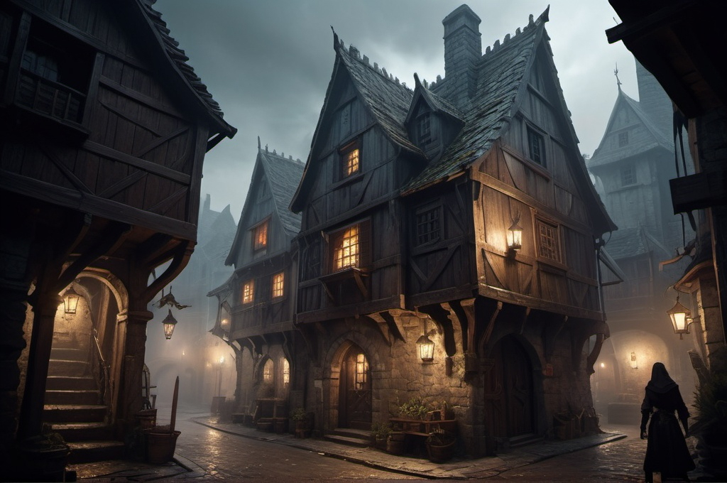 Prompt: Huge very detailed DnD fantasy landscape with a murky city, detailed houses and taverns, atmospheric lighting, highresolution, dark fantasy, detailed architecture, immersive, murky tones, medieval, mysterious, foggy, bustling city, detailed alleys, ancient buildings, moody atmosphere, a dnd female Dnd Rogue lungering around a house corner with a dagger in her hand